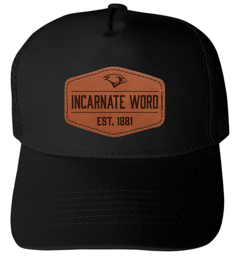 Incarnate Word Cardinals Officially Licensed - Unisex Trucker Hat with Hexagon Engraved Leather Patch Black