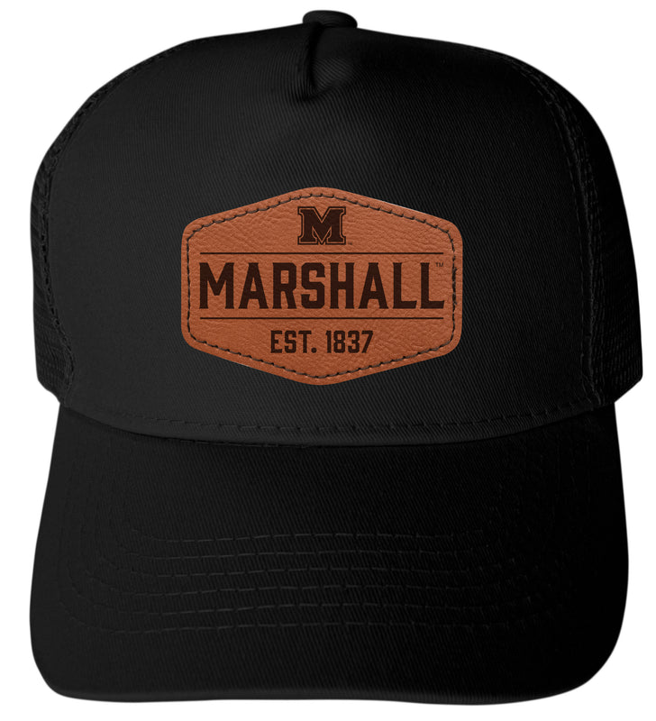 Marshall Thundering Herd Officially Licensed Trucker Hat - Unisex Mesh Back Cap with Hexagon Engraved Leather Patch Black