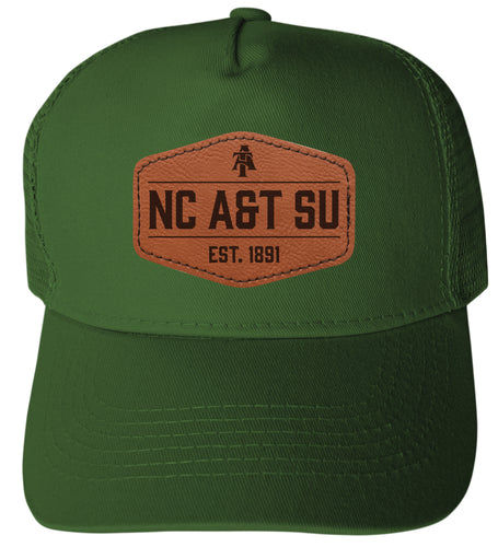 North Carolina A&T State Aggies Officially Licensed Trucker Hat - Unisex Mesh Back Cap with Hexagon Engraved Leather Patch Green