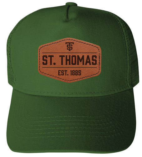 University of St. Thomas Officially Licensed Trucker Hat - Unisex Mesh Back Cap with Hexagon Engraved Leather Patch Green
