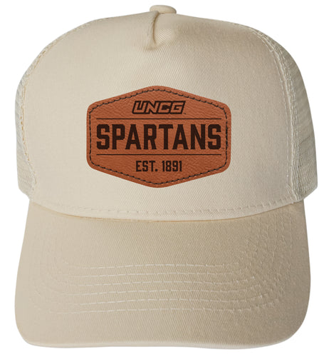 North Carolina Greensboro Spartans Officially Licensed Trucker Hat - Unisex Mesh Back Cap with Hexagon Engraved Leather Patch Cream