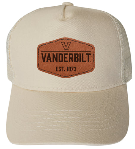 Vanderbilt University Officially Licensed - Unisex Trucker Hat with Hexagon Engraved Leather Patch Cream