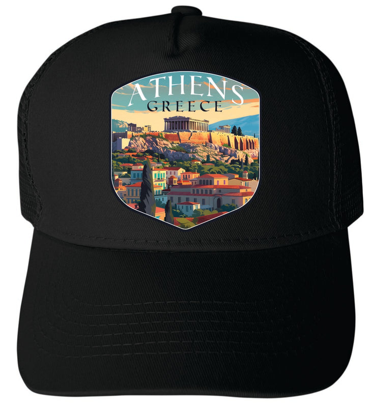 Athens Greece Unisex Mesh Back Trucker Hat with Adjustable Snapback Black