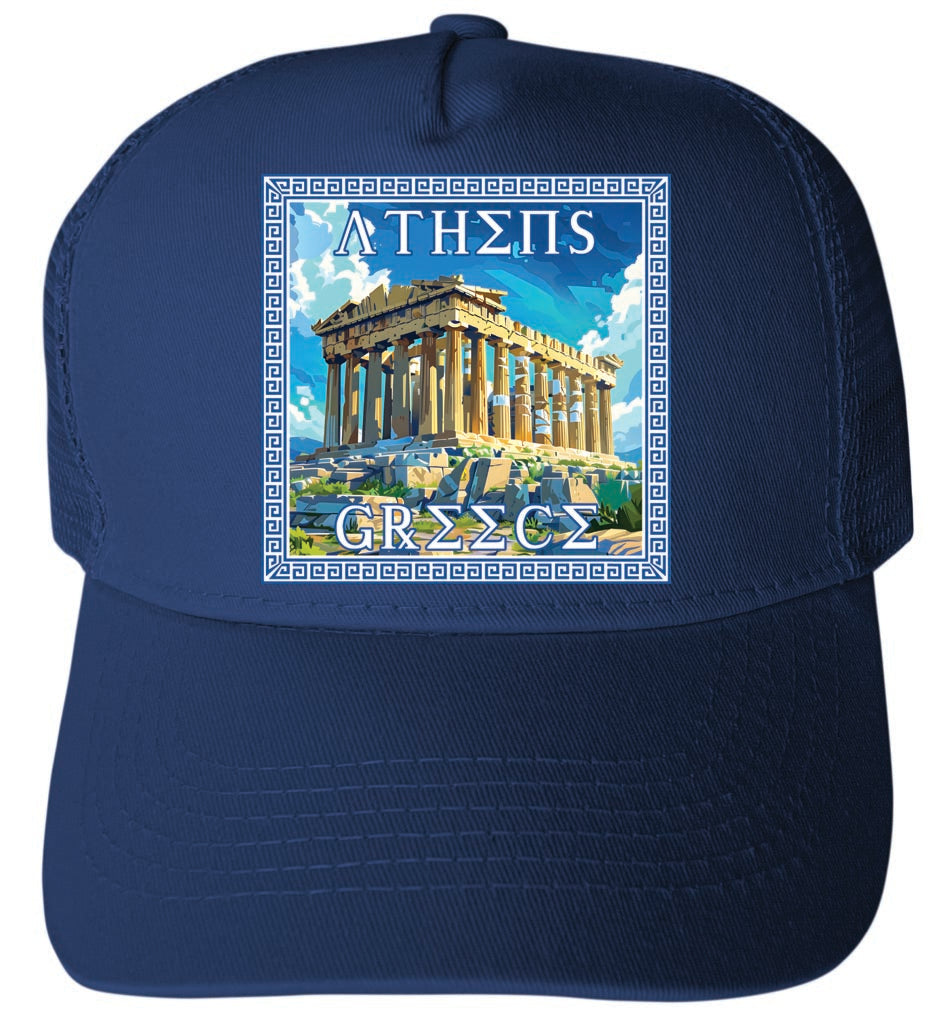 Athens Greece Acropolis in Meander Frame Design Navy Unisex Mesh Back Trucker Hat with Adjustable Snapback 4-Pack