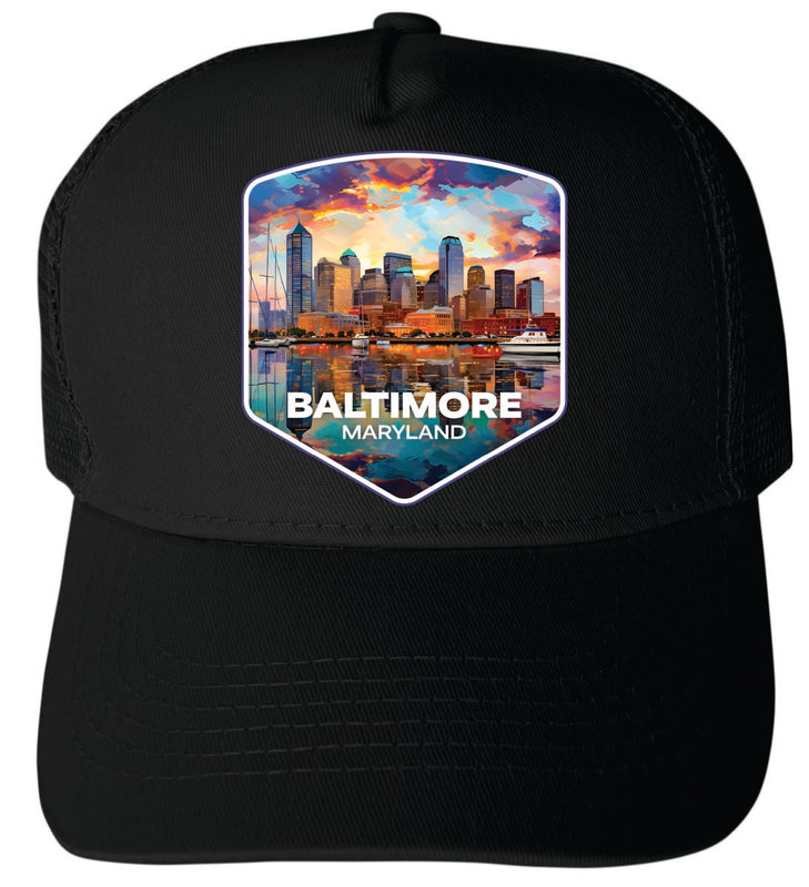 Baltimore Maryland Unisex Mesh Back Trucker Hat with Adjustable Snapback Black