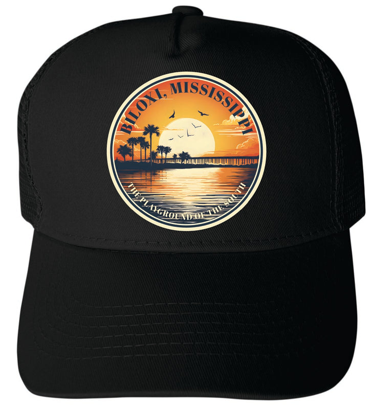 Biloxi Mississippi Unisex Mesh Back Trucker Hat with Adjustable Snapback Black