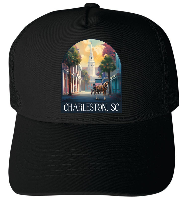 Charleston South Carolina Unisex Mesh Back Trucker Hat with Adjustable Snapback Black