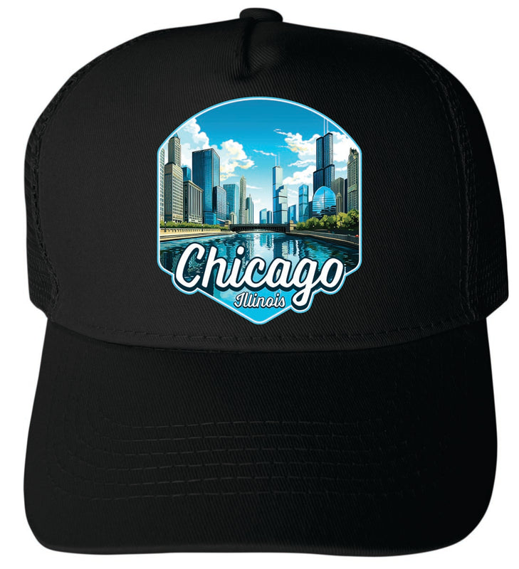 Chicago Illinois Unisex Mesh Back Trucker Hat with Adjustable Snapback Black