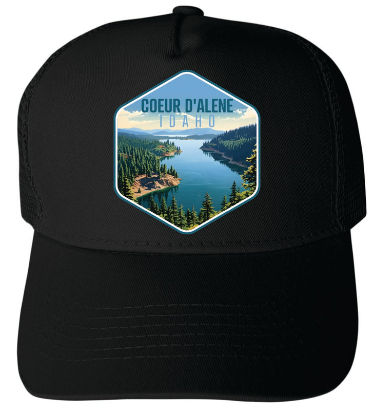Coeur D'Alene Idaho Unisex Mesh Back Trucker Hat with Adjustable Snapback Black