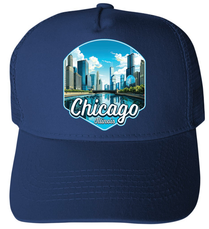 Chicago Illinois Design A Navy Unisex Mesh Back Trucker Hat with Adjustable Snapback 4-Pack