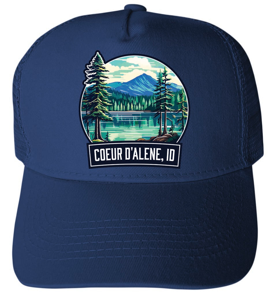 Coeur D'Alene Idaho Mountain Lake Illustration Design Navy Unisex Mesh Back Trucker Hat with Adjustable Snapback 4-Pack
