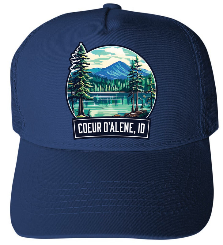 Coeur D'Alene Idaho Mountain Lake Illustration Design Navy Unisex Mesh Back Trucker Hat with Adjustable Snapback 4-Pack