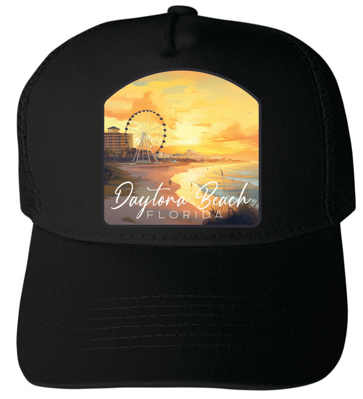 Daytona Beach Florida Unisex Mesh Back Trucker Hat with Adjustable Snapback Black