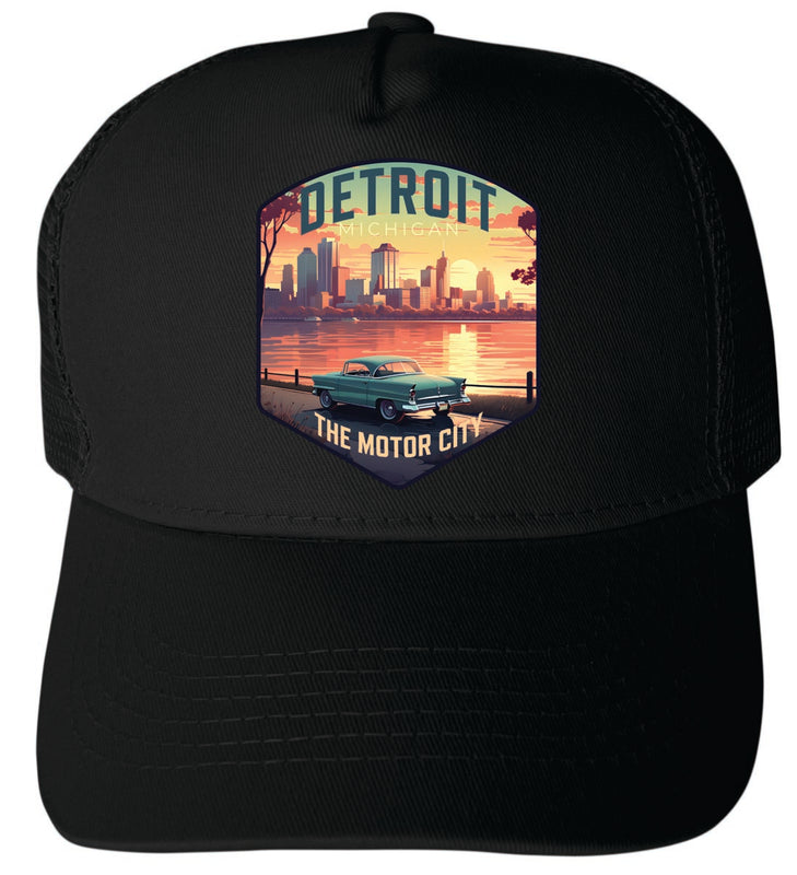 Detroit Michigan Unisex Mesh Back Trucker Hat with Adjustable Snapback Black