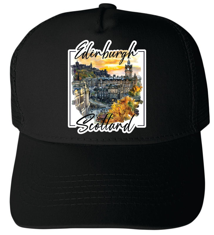 Edinburgh Scotland Unisex Mesh Back Trucker Hat with Adjustable Snapback Black