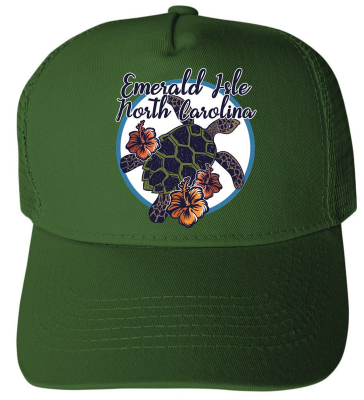 Emerald Isle North Carolina Turtle and Flowers Design  Unisex Mesh Back Trucker Hat with Adjustable Snapback