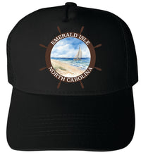 Load image into Gallery viewer, Emerald Isle North Carolina Nautical Helm Design  Unisex Mesh Back Trucker Hat with Adjustable Snapback
