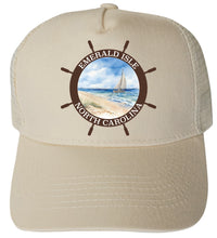 Load image into Gallery viewer, Emerald Isle North Carolina Nautical Helm Design  Unisex Mesh Back Trucker Hat with Adjustable Snapback
