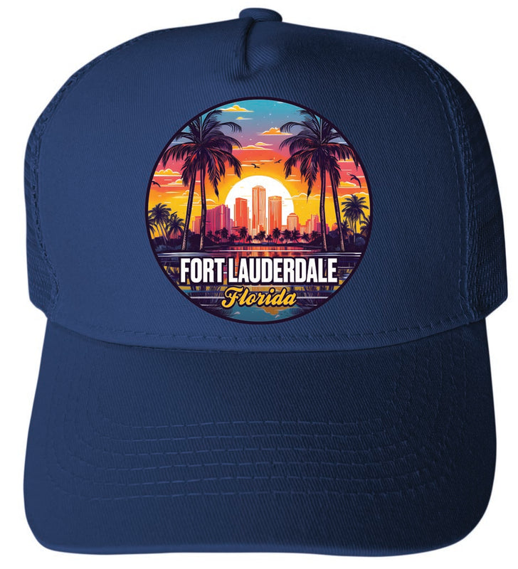 Fort Lauderdale Florida Design B Navy Unisex Mesh Back Trucker Hat with Adjustable Snapback 4-Pack