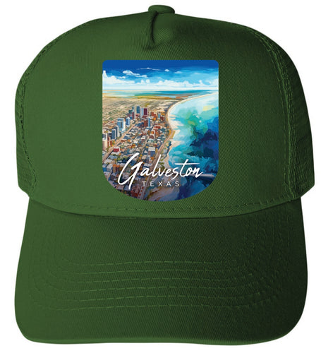 Galveston Texas Aerial Painting Design Green Unisex Mesh Back Trucker Hat with Adjustable Snapback 4-Pack