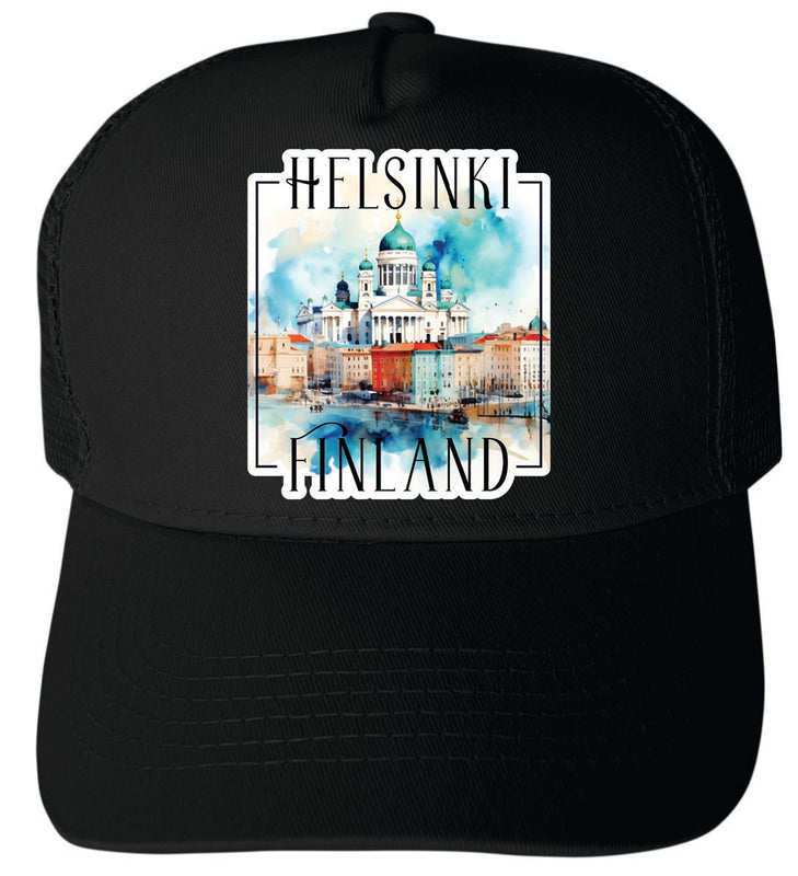 Helsinki Finland Unisex Mesh Back Trucker Hat with Adjustable Snapback Black