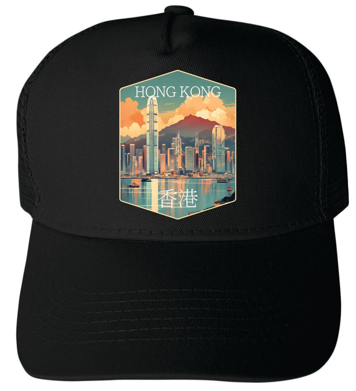 Hong Kong Unisex Mesh Back Trucker Hat with Adjustable Snapback Black