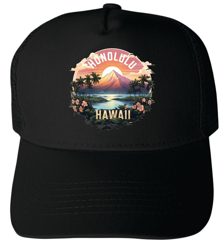 Honolulu Hawaii Unisex Mesh Back Trucker Hat with Adjustable Snapback Black