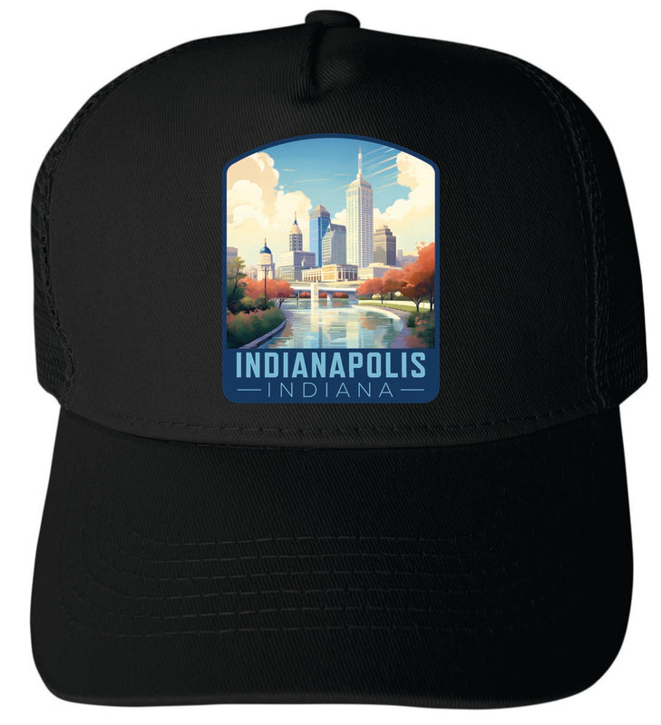 Indianapolis Indiana Unisex Mesh Back Trucker Hat with Adjustable Snapback Black