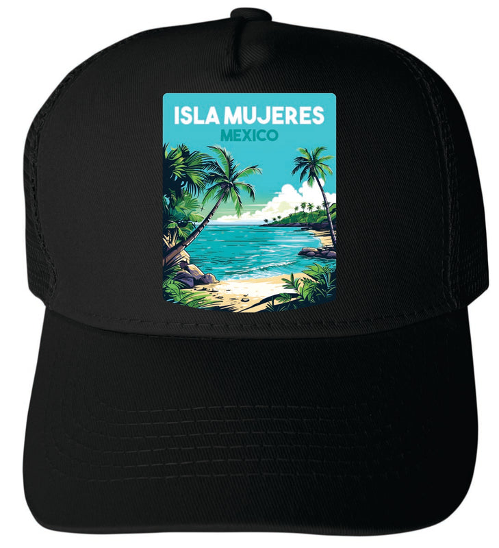 Isla Mujeres Mexico Unisex Mesh Back Trucker Hat with Adjustable Snapback Black