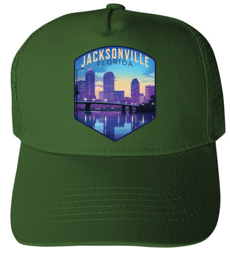 Jacksonville Florida Evening Cityscape Design Green Unisex Mesh Back Trucker Hat with Adjustable Snapback 2-Pack
