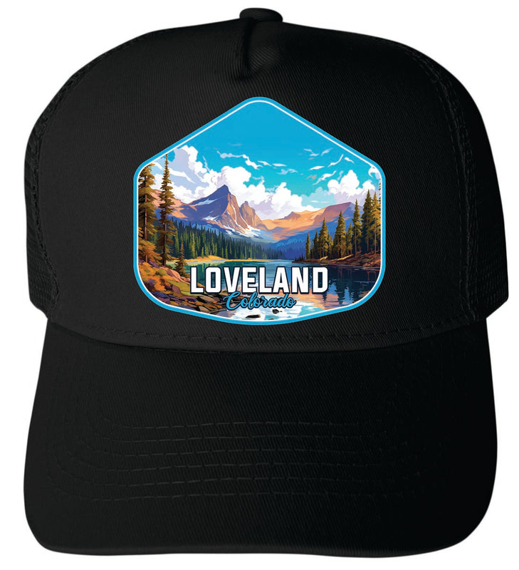 Loveland Colorado Unisex Mesh Back Trucker Hat with Adjustable Snapback Black