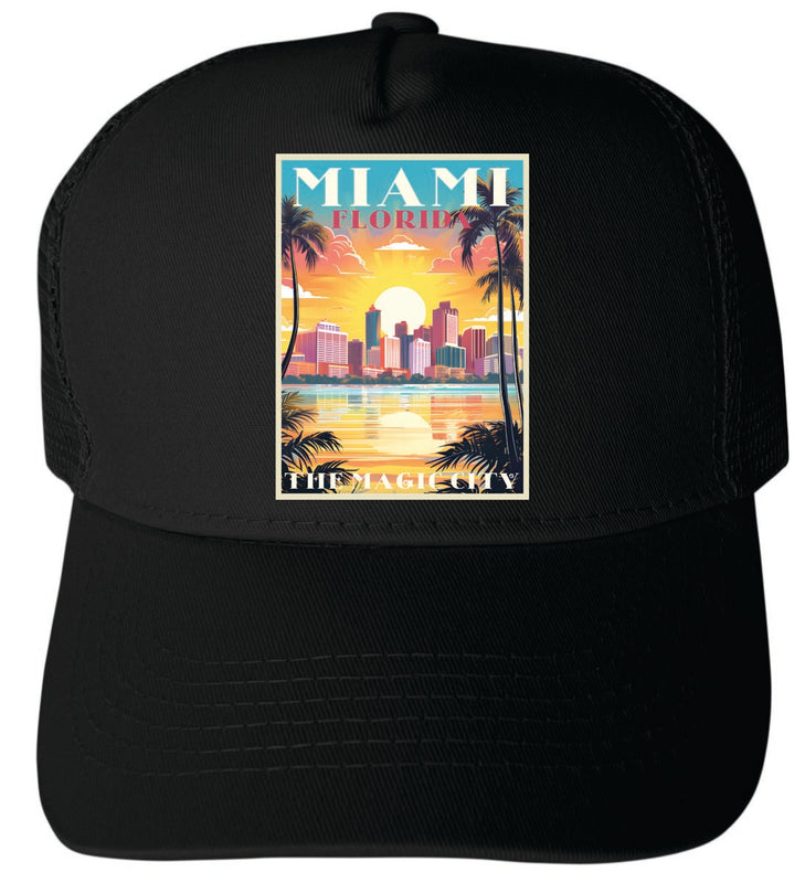 Miami Florida Unisex Mesh Back Trucker Hat with Adjustable Snapback Black