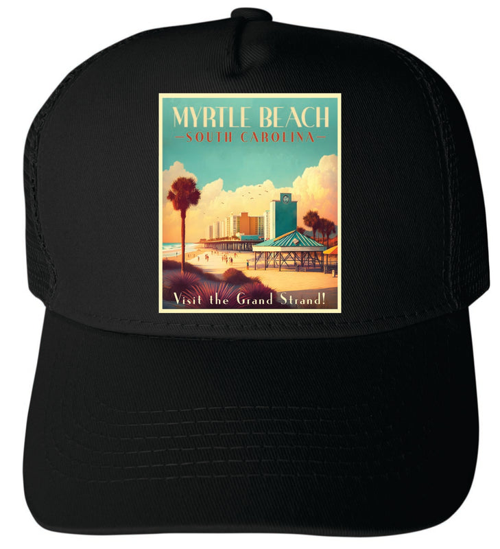 Myrtle Beach South Carolina Unisex Mesh Back Trucker Hat with Adjustable Snapback Black