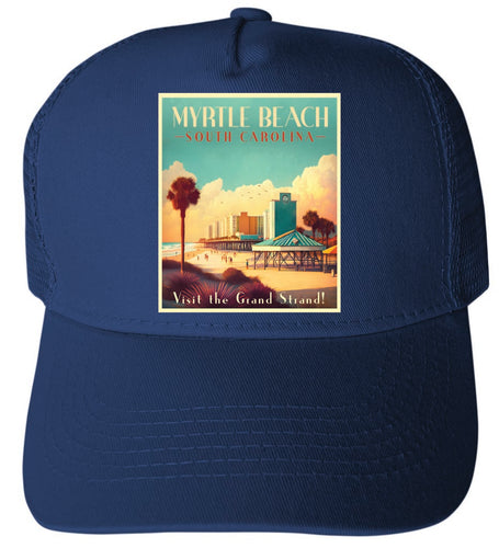 Myrtle Beach South Carolina Design A Navy Unisex Mesh Back Trucker Hat with Adjustable Snapback 4-Pack