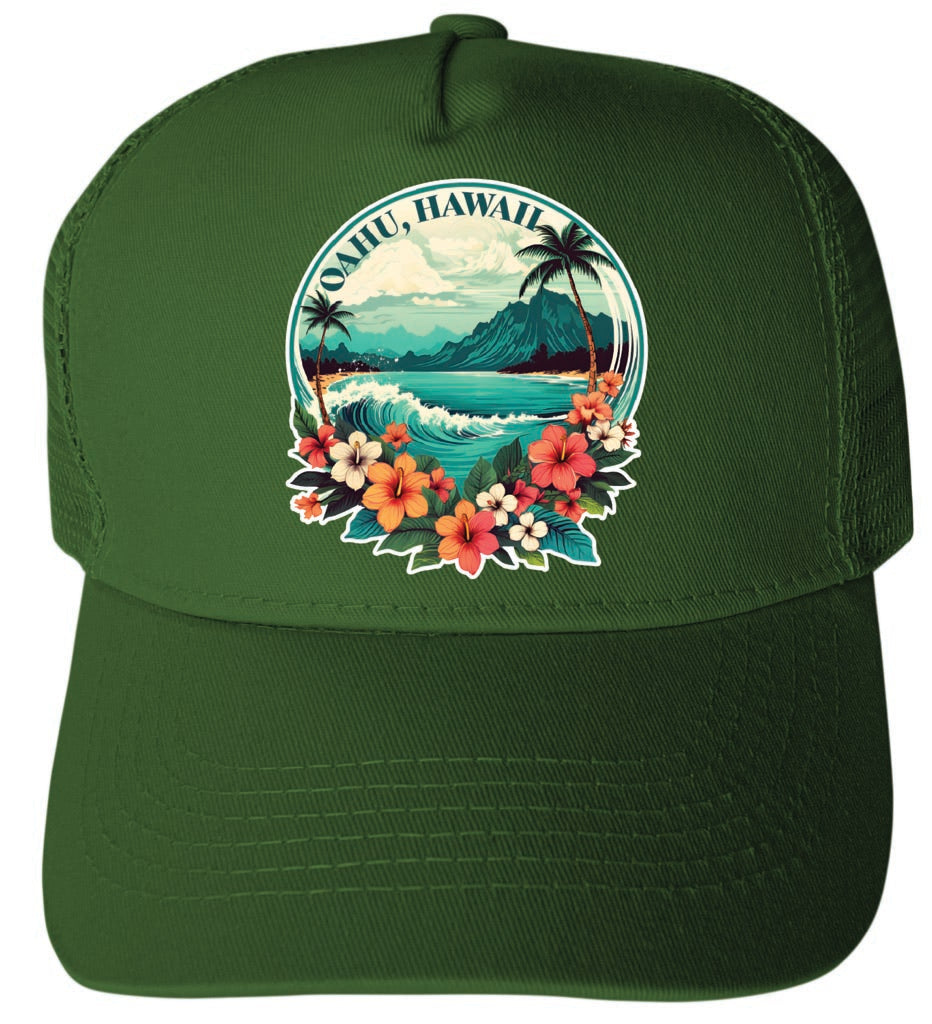 Oahu Hawaii Design C Green Unisex Mesh Back Trucker Hat with Adjustable Snapback 4-Pack
