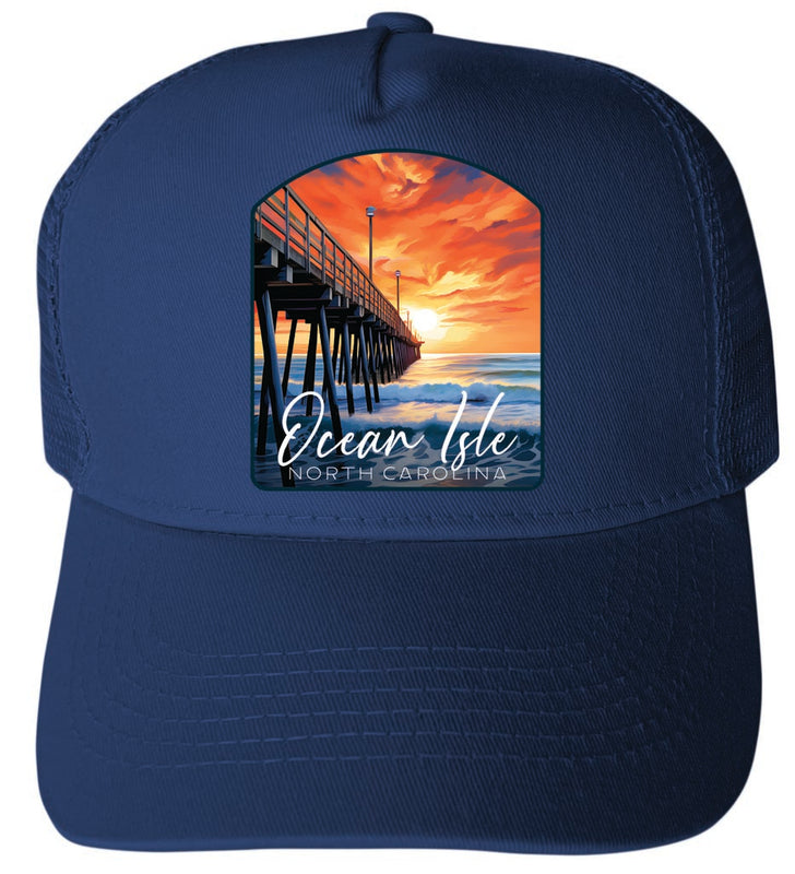 Ocean Isle Sunset Pier Design Navy Unisex Mesh Back Trucker Hat with Adjustable Snapback 4-Pack