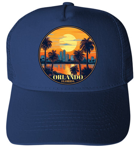 Orlando Florida Design B Navy Unisex Mesh Back Trucker Hat with Adjustable Snapback 4-Pack