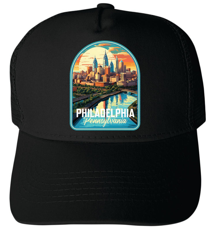 Philadelphia Pennsylvania Unisex Mesh Back Trucker Hat with Adjustable Snapback Black