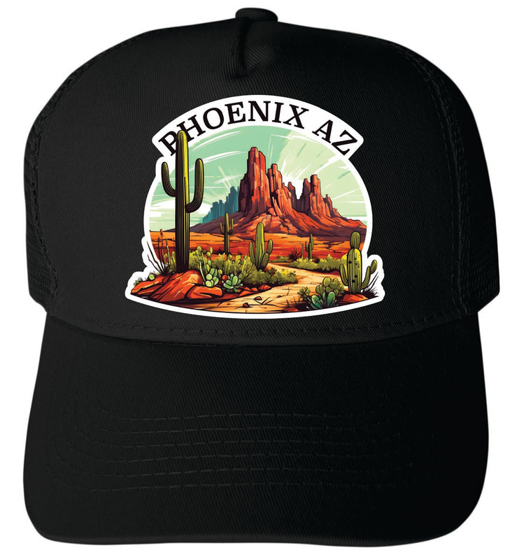 Phoenix Arizona Unisex Mesh Back Trucker Hat with Adjustable Snapback Black
