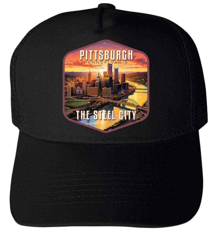 Pittsburgh Pennsylvania Unisex Mesh Back Trucker Hat with Adjustable Snapback Black