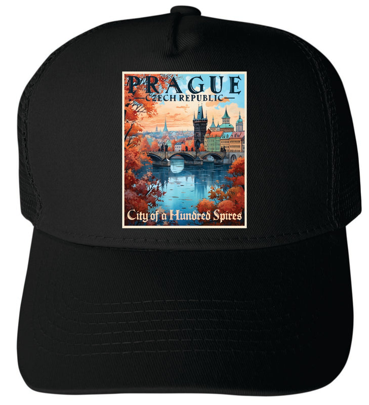 Prague Czech Republic Unisex Mesh Back Trucker Hat with Adjustable Snapback Black