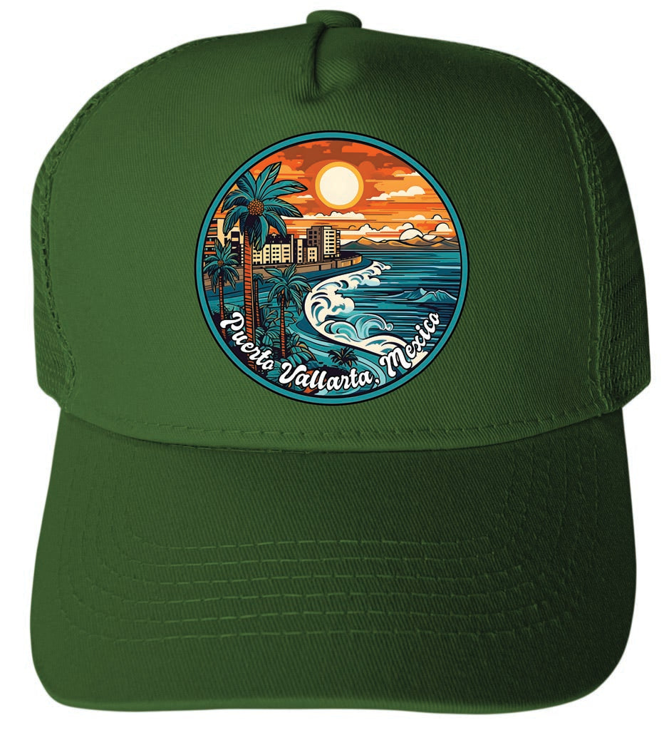 Puerto Vallarta Mexico Design B Green Unisex Mesh Back Trucker Hat with Adjustable Snapback 4-Pack