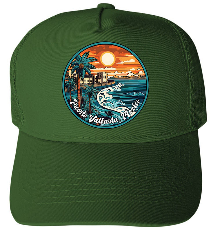 Puerto Vallarta Mexico Design B Green Unisex Mesh Back Trucker Hat with Adjustable Snapback 4-Pack