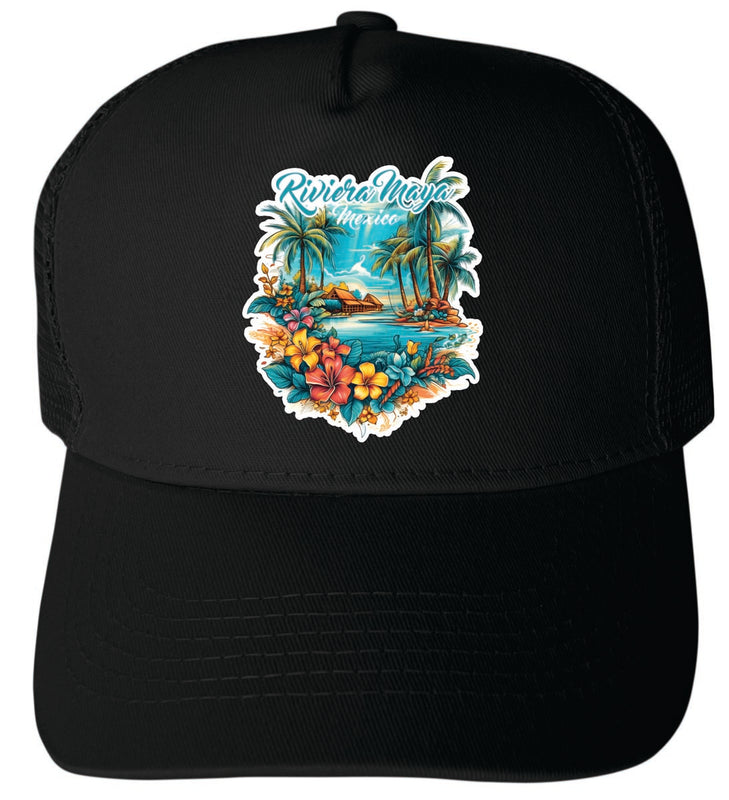 Riviera Maya Mexico Unisex Mesh Back Trucker Hat with Adjustable Snapback Black