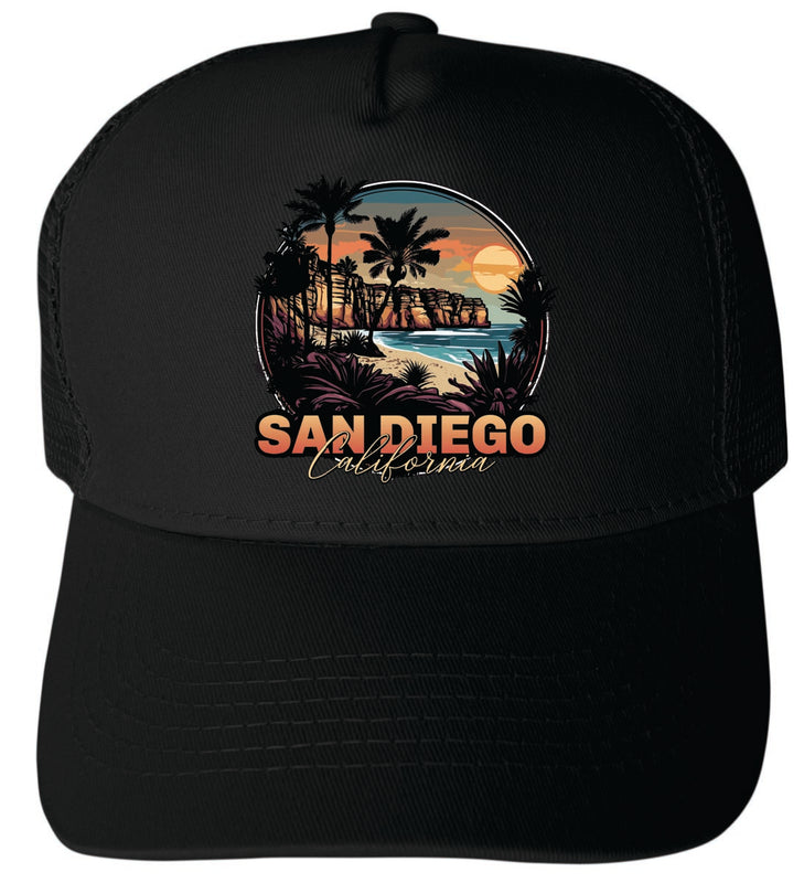 San Diego California Unisex Mesh Back Trucker Hat with Adjustable Snapback Black
