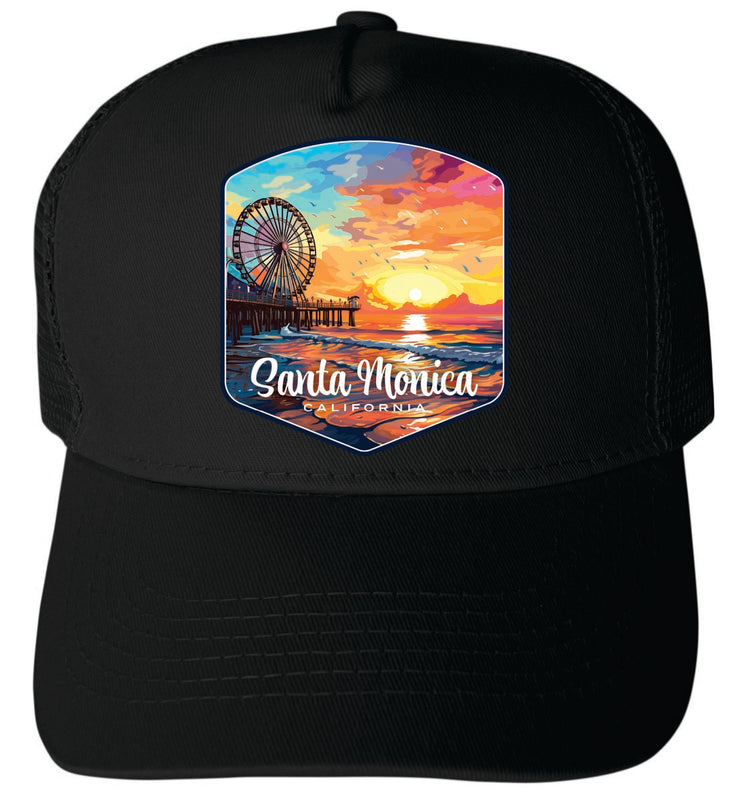 Santa Monica California Unisex Mesh Back Trucker Hat with Adjustable Snapback Black