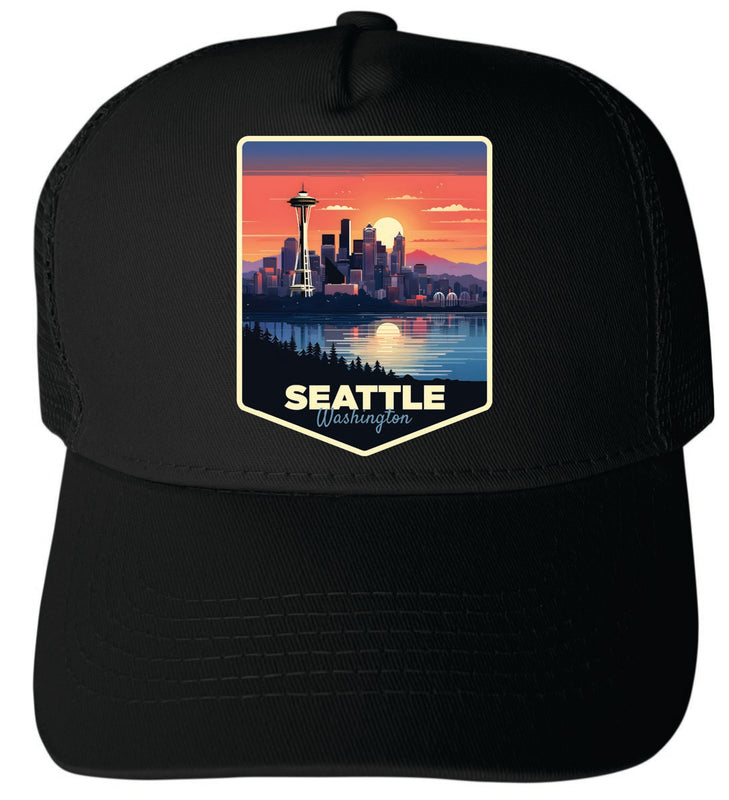 Seattle Washington Unisex Mesh Back Trucker Hat with Adjustable Snapback Black