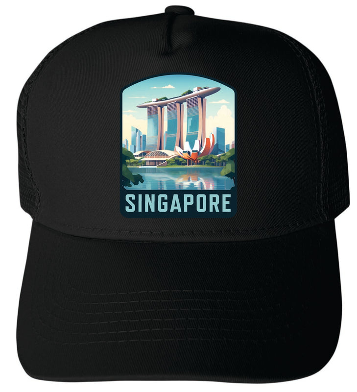 Singapore Unisex Mesh Back Trucker Hat with Adjustable Snapback Black