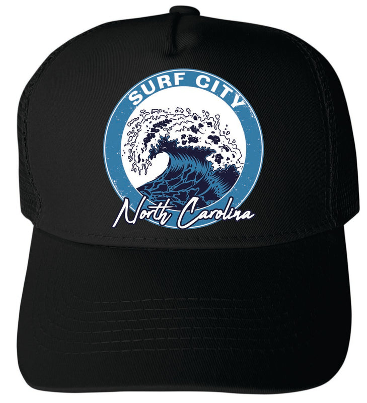 Surf City North Carolina Unisex Mesh Back Trucker Hat with Adjustable Snapback Black