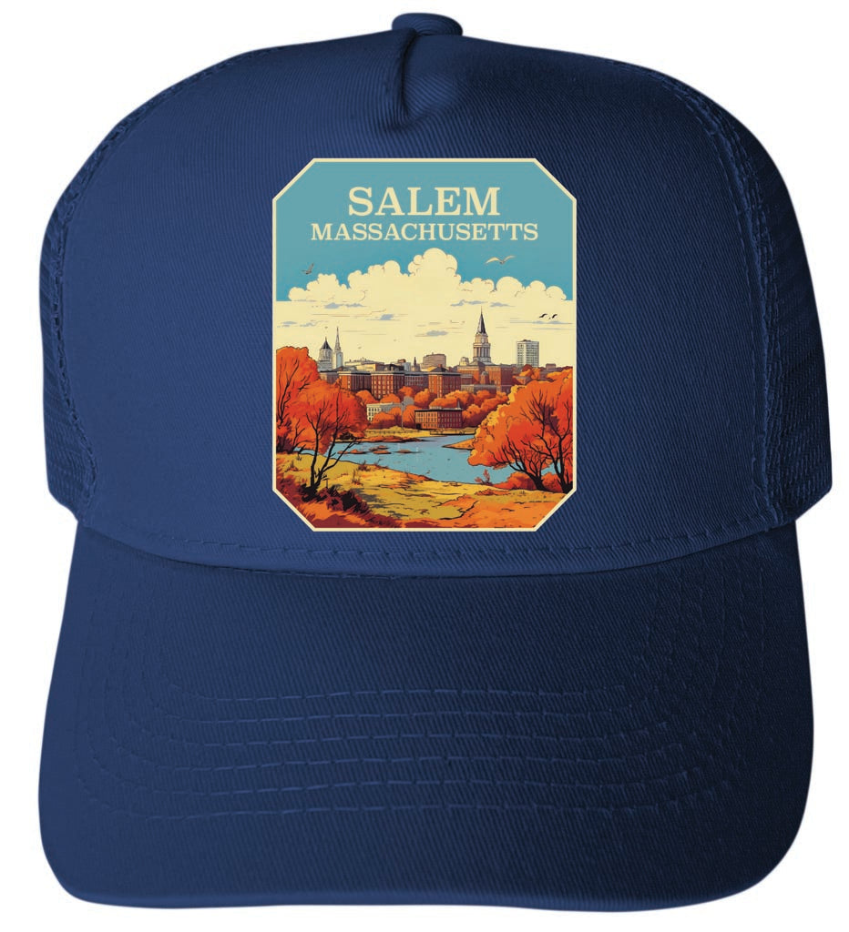 Salem Massachusetts Design A Navy Unisex Mesh Back Trucker Hat with Adjustable Snapback 4-Pack